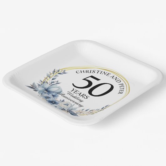 Assiettes En Carton Tout Mariage (50) Élégant Anniversaire Floral Bleu (Angulaire)