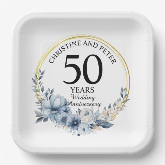 Assiettes En Carton Tout Mariage (50) Élégant Anniversaire Floral Bleu (Recto)