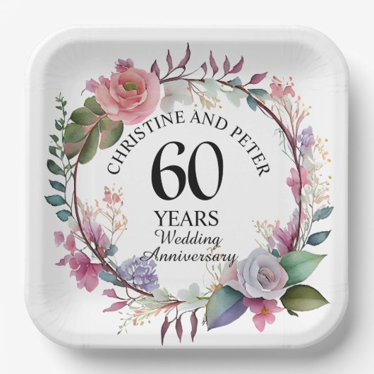 Assiettes En Carton Tout Mariage (60) Élégant Anniversaire Floral (Recto)