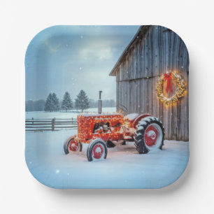 Assiettes En Carton Tracteur agricole rouge de Noël dans la neige