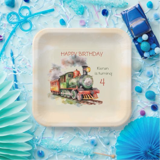 Assiettes En Carton Train Engine Boy 4e anniversaire (Fête)