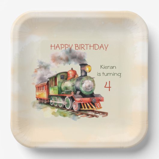 Assiettes En Carton Train Engine Boy 4e anniversaire (Recto)