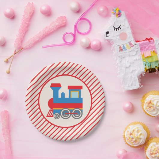 Assiettes En Carton Train rouge et bleu rétro (Fête)