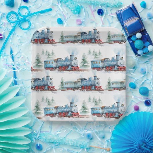 Assiettes En Carton Trains Anniversaire de fête Bleu (Fête)