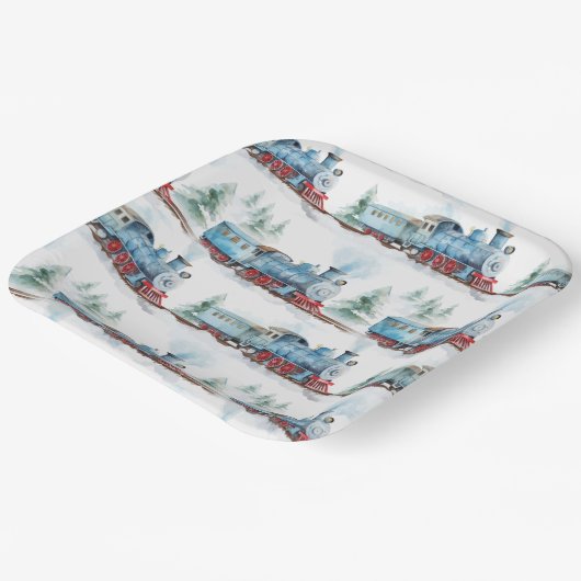 Assiettes En Carton Trains Anniversaire de fête Bleu (Angulaire)