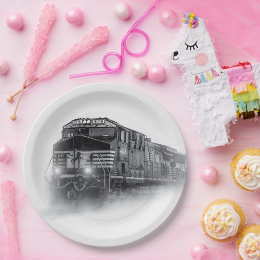 Assiettes En Carton Trains de train noir et blanc (Fête)