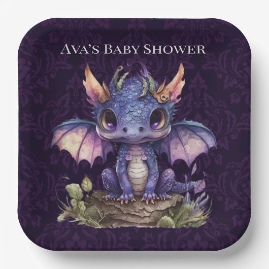 Assiettes En Carton Trendy Damask Purple Dragon Girl Baby shower garço (Recto)
