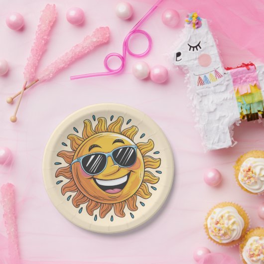 Assiettes En Carton Trendy Happy Yellow Sun with Sunglasses (Fête)