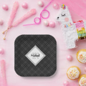 Assiettes En Carton Trendy noir blanc tartan Personnaliser Monogramme (Fête)