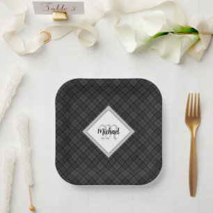 Assiettes En Carton Trendy noir blanc tartan Personnaliser Monogramme