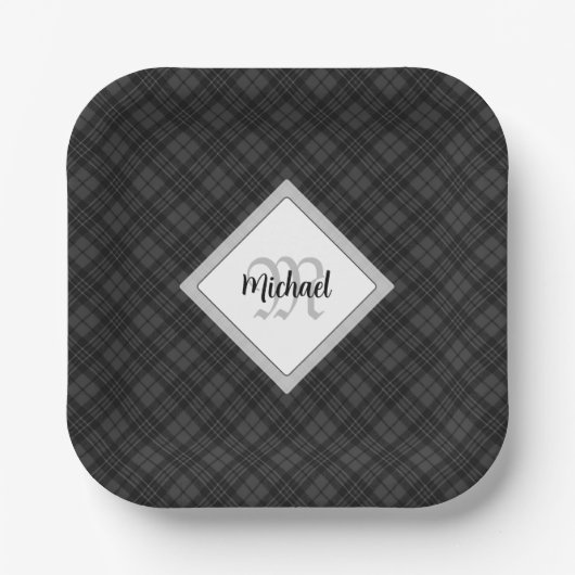 Assiettes En Carton Trendy noir blanc tartan Personnaliser Monogramme (Recto)