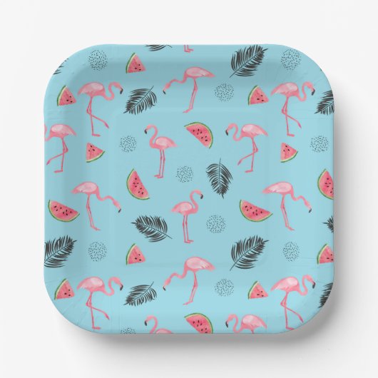 Assiettes En Carton Trendy Tropical Flamingo & Watermelon Pattern (Recto)