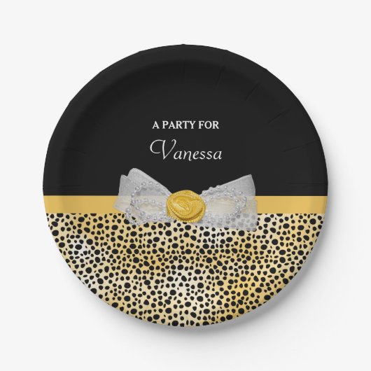 Assiettes En Carton Trendy Yellow Cheetah Imprimer Fancy Bow Nom de la (Devant)