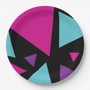Assiettes En Carton Triangles en rose, violet, bleu et noir