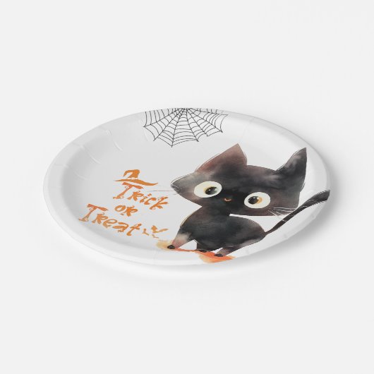 Assiettes En Carton Tricoter ou traiter Chat noir mignon Fête d'Hallow (Angle)