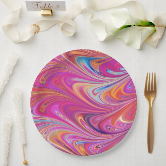 Assiettes En Carton Trippy rose et orange design Tourbillonnant (Mariage)