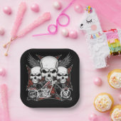 Assiettes En Carton Trois crâne avec Carré de motocyclette Red Chopper (Fête)