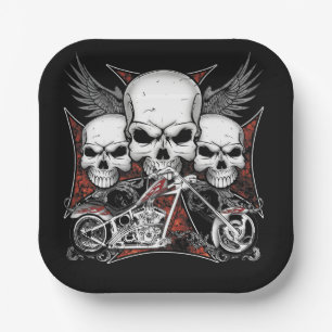 Assiettes En Carton Trois crâne avec Carré de motocyclette Red Chopper