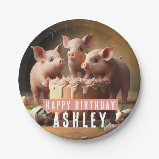 Assiettes En Carton Trois petits cochons gâteau d'anniversaire (Devant)
