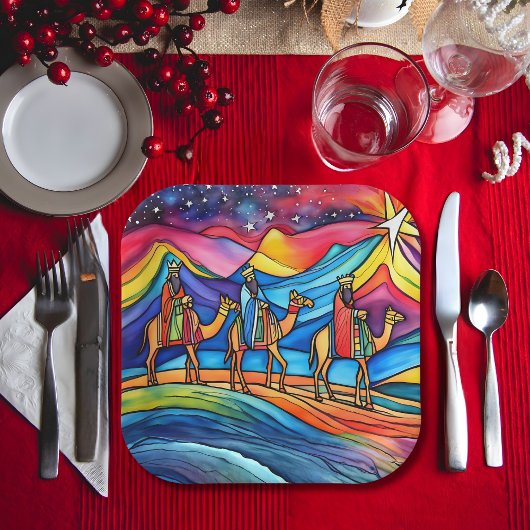 Assiettes En Carton Trois Sages Coloré Vacances de Noël