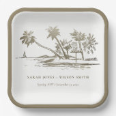 Assiettes En Carton Tropical Beach Palm Tree croquis Pale Gold Mariage (Recto)
