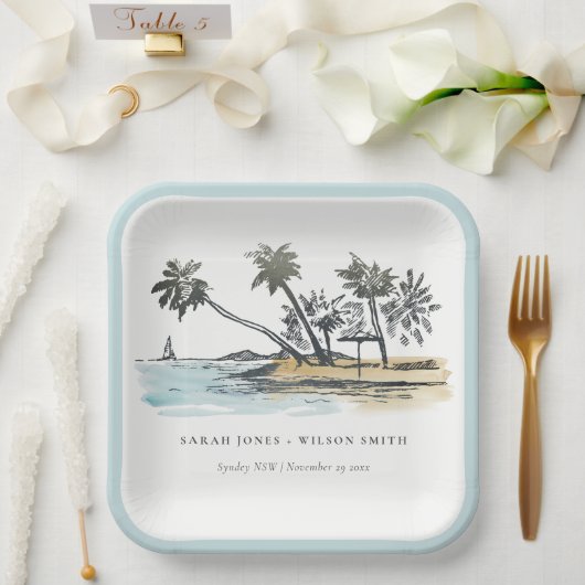 Assiettes En Carton Tropical Beach Palm Tree Sketch Mariage d'aquarell (Mariage)