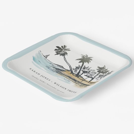 Assiettes En Carton Tropical Beach Palm Tree Sketch Mariage d'aquarell (Angulaire)