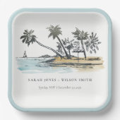 Assiettes En Carton Tropical Beach Palm Tree Sketch Mariage d'aquarell (Recto)