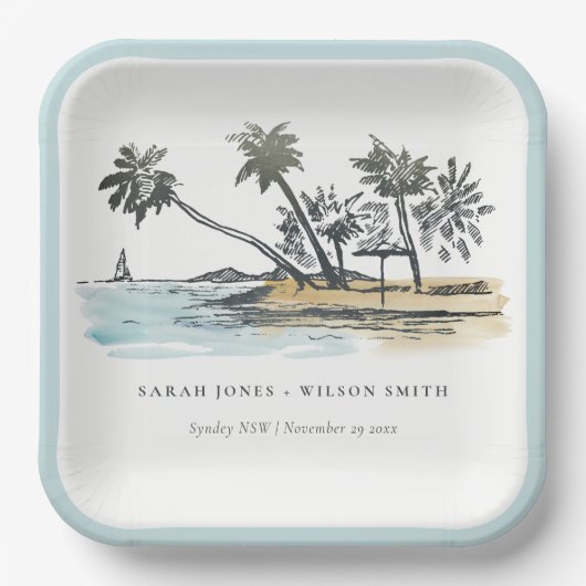 Assiettes En Carton Tropical Beach Palm Tree Sketch Mariage d'aquarell (Recto)