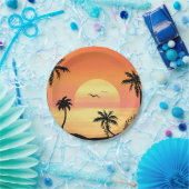 Assiettes En Carton Tropical Beach Sunset Palm Tree Silhouette Art (Fête)