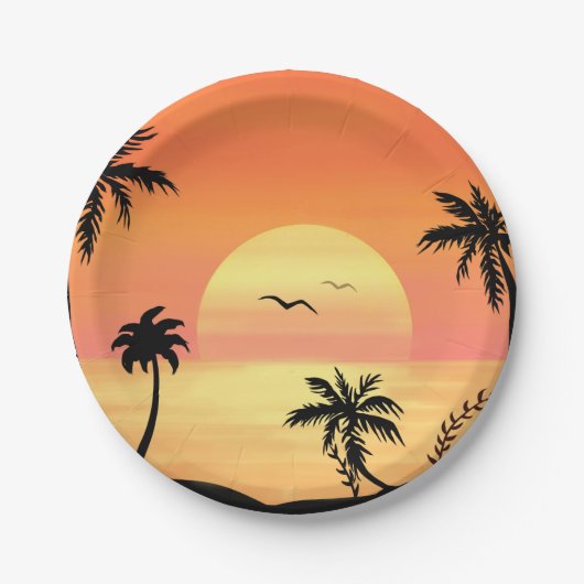 Assiettes En Carton Tropical Beach Sunset Palm Tree Silhouette Art (Devant)