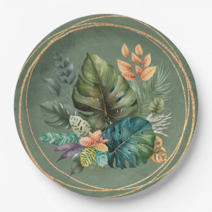 Assiettes En Carton Tropical Colorful Palm Feuille Mariage or