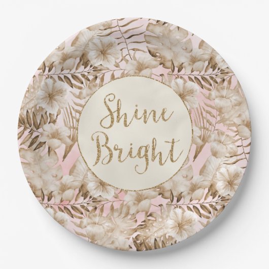 Assiettes En Carton Tropical Feuille Cream Blush Gold Parties scintill (Devant)