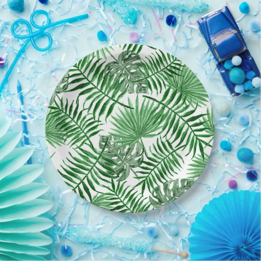 Assiettes En Carton Tropical Green Palm Feuille Summer Art Motif (Fête)