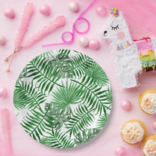 Assiettes En Carton Tropical Green Palm Feuille Summer Art Motif (Fête)