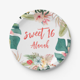 Assiettes En Carton Tropical Hawaiian Sweet 16 Plaque papier d'anniver