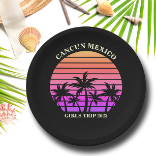 Assiettes En Carton Tropical Island Beach Palm Tree Pink Black Party