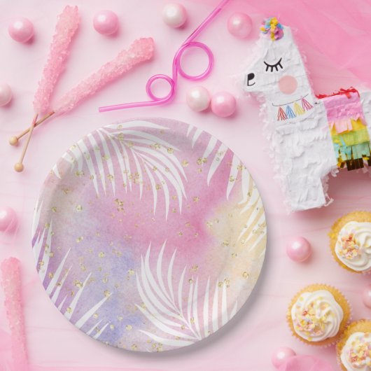 Assiettes En Carton Tropical Palm Pastel Rainbow Pool Party (Fête)