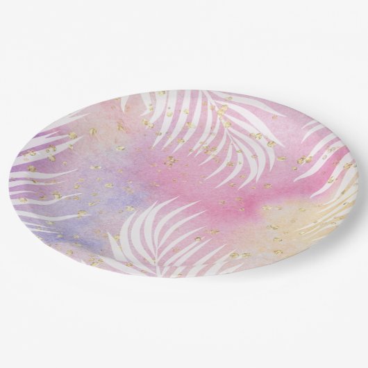 Assiettes En Carton Tropical Palm Pastel Rainbow Pool Party (Angle)