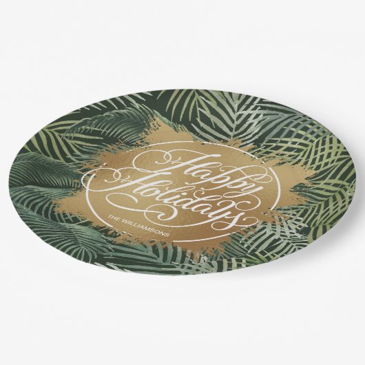 Assiettes En Carton Tropical Palms Gold Faux Foil (Angle)