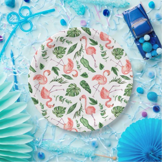 Assiettes En Carton Tropical Pink Flamingo Pattern v2 (Fête)