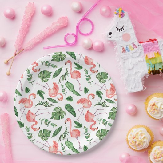 Assiettes En Carton Tropical Pink Flamingo Pattern v2 (Fête)