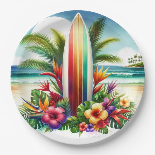 Assiettes En Carton Tropical Surfboard Le Big ONE 1er anniversaire (Devant)