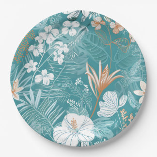 Assiettes En Carton Tropical Turquoise & Terracotta Hibiscus Floral