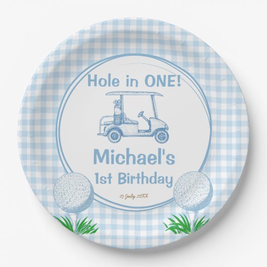 Assiettes En Carton Trou dans un en vichy de golf bleu monogrammed (Devant)