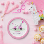 Assiettes En Carton Trou En Un Rose Golf Premier Anniversaire<br><div class="desc">Cet adorable design de partie de golf présente ma voiturette de golf aquarelle peinte à la main.</div>