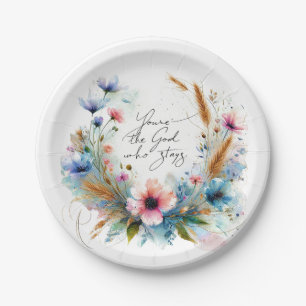 Assiettes En Carton Tu es le Dieu qui reste, aquarelle florale