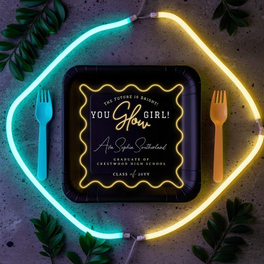 Assiettes En Carton Tu Glow Girl Retro Wavy Yellow Neon Graduation