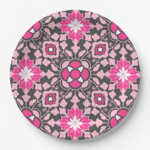 Assiettes En Carton Tuile marocaine florale, rose fuchsia et gris/gris