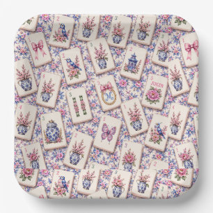 Assiettes En Carton Tuiles Mahjong Rose Et Bleu